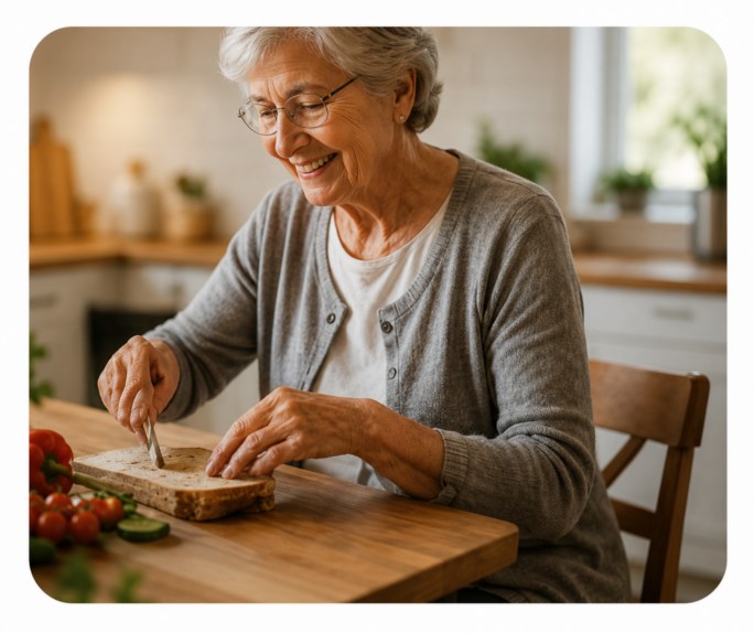 Dona gran preparant menjar en una cuina lluminosa