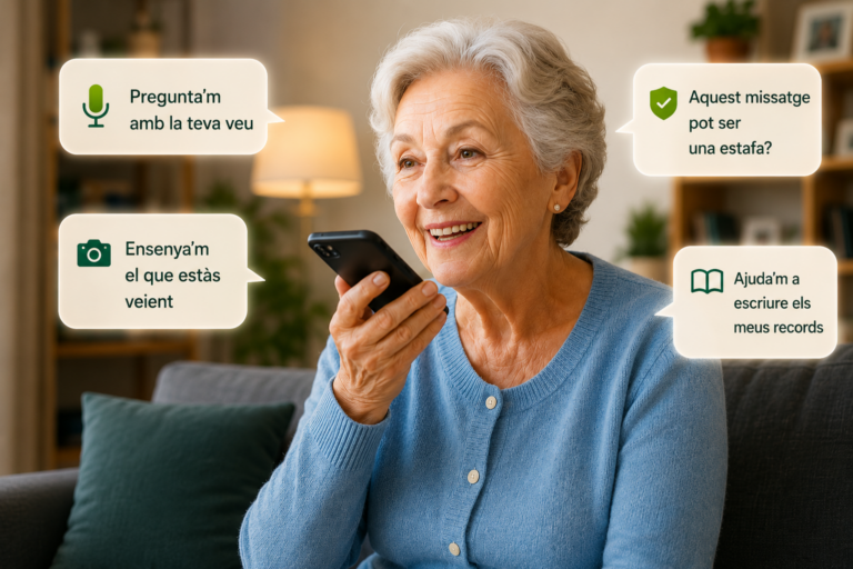 Dona gran utilitzant el mòbil amb la veu i exemples d'ajuda de la IA