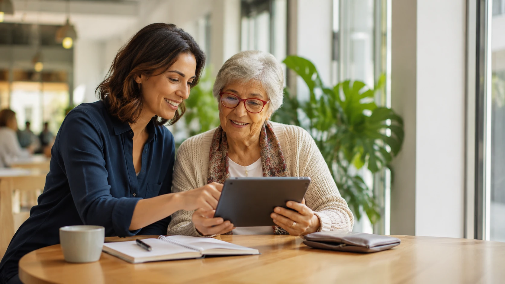Una professional acompanya una dona gran en l’ús d’una tauleta digital