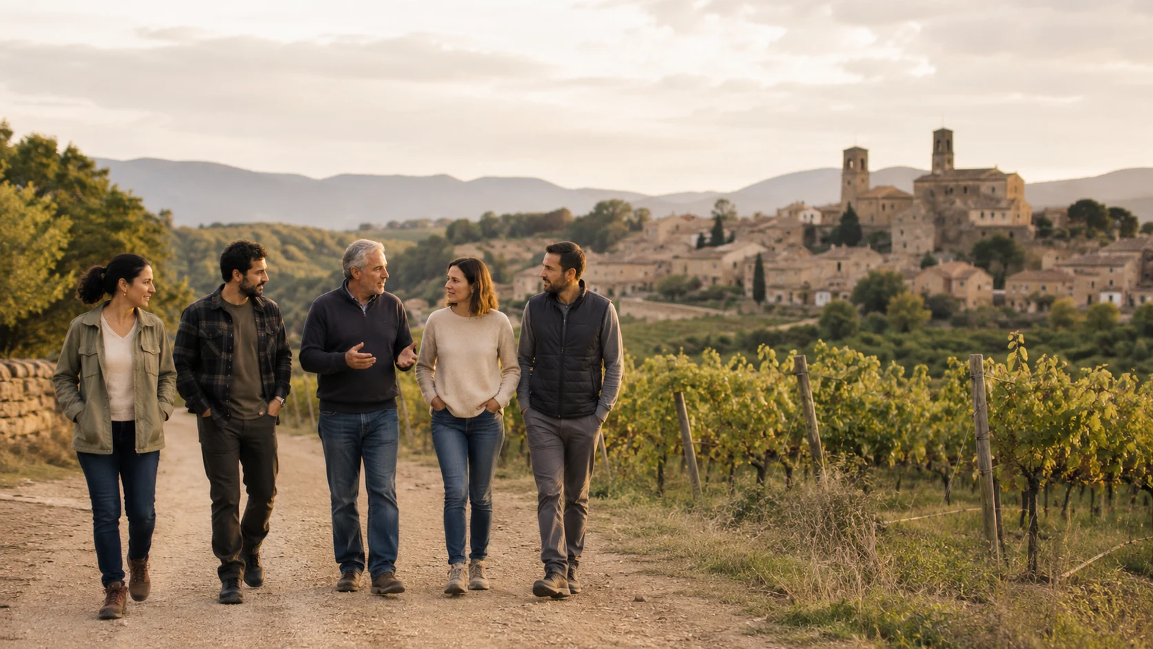Persones caminant juntes pel territori en un entorn rural català
