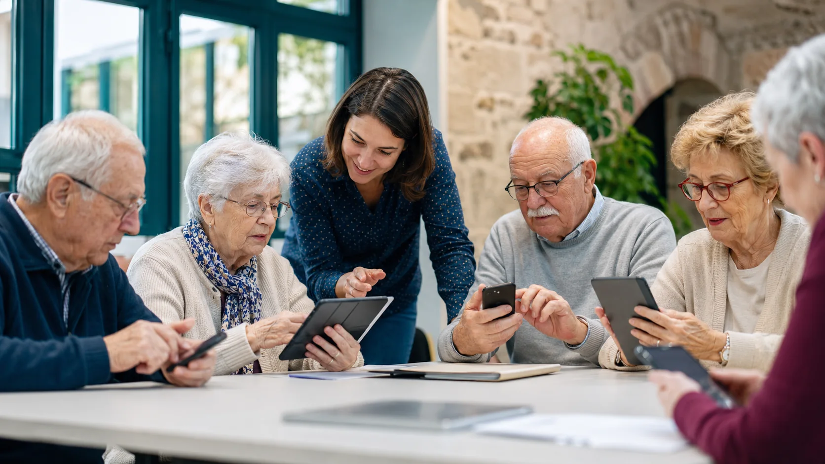 Persones grans participant en una formació pràctica amb mòbils i tauletes