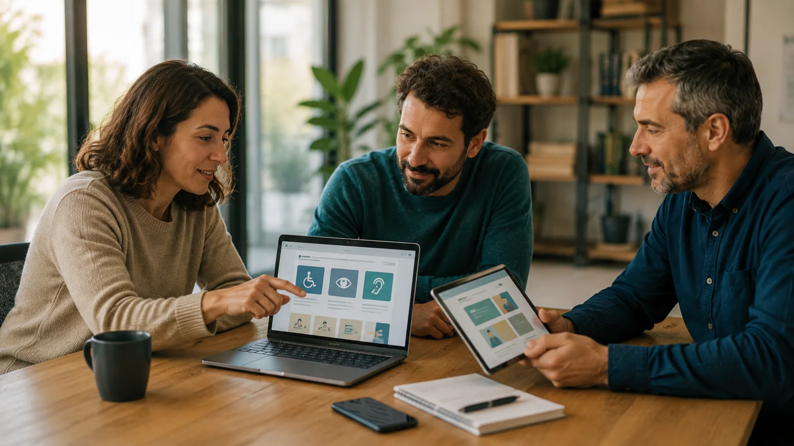 Persones revisant una solució digital accessible en ordinador i tauleta