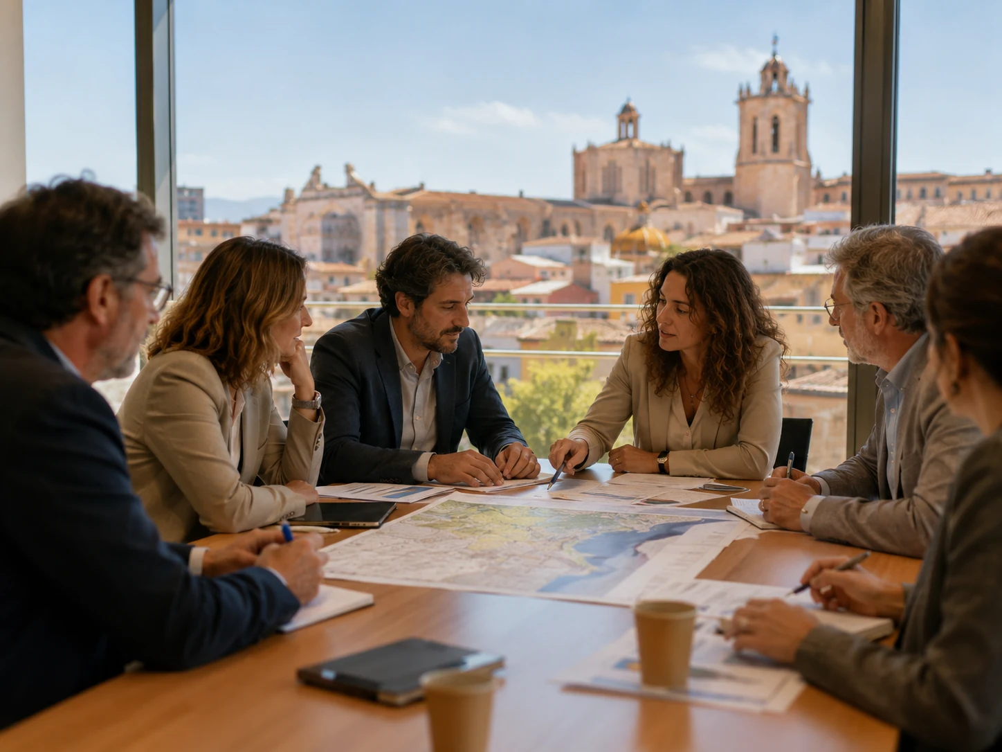 impulsa comerç Reunió de coordinació entre municipis amb documents i mapa sobre la taula